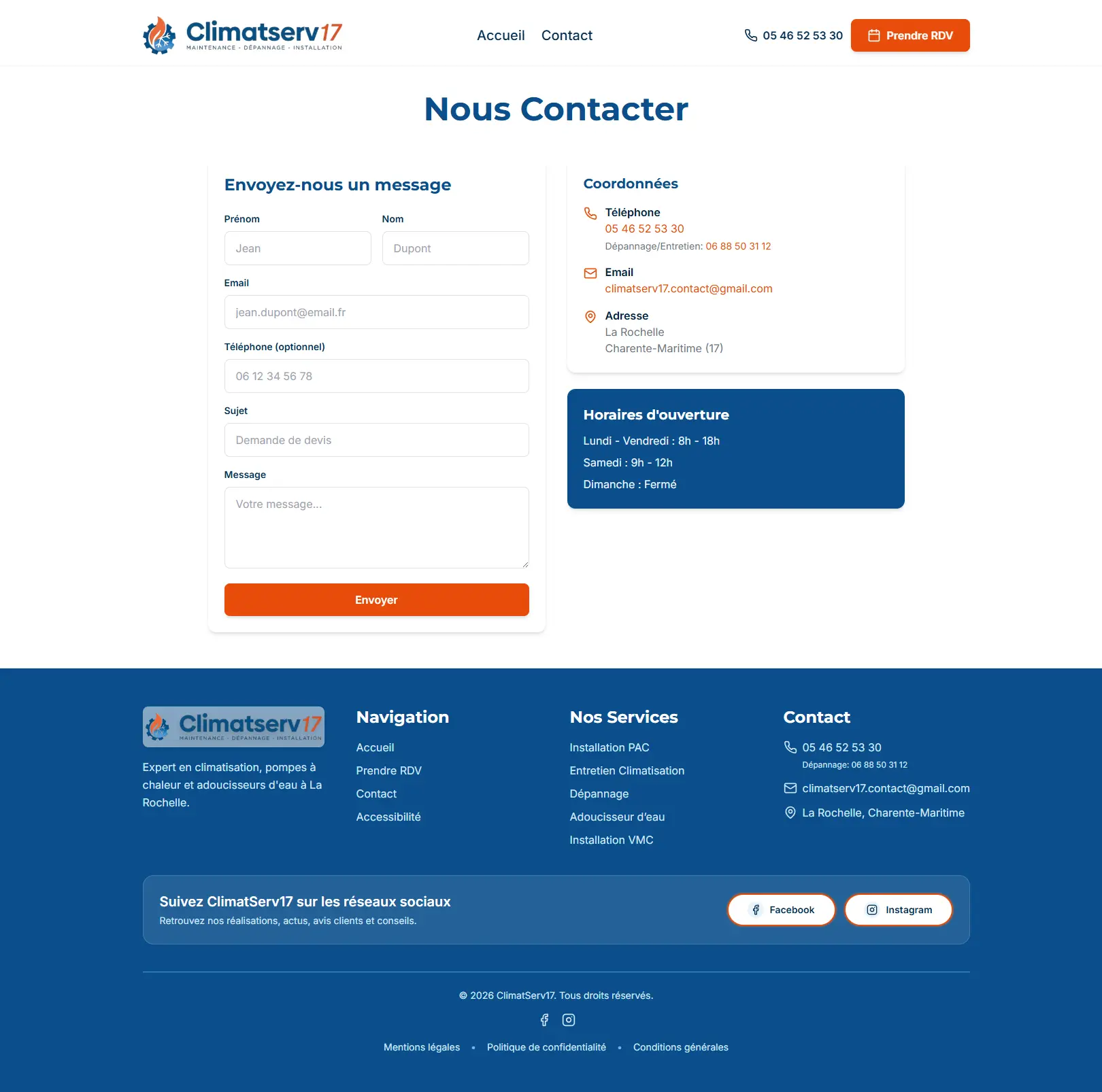 Formulaire de contact ClimatServ17